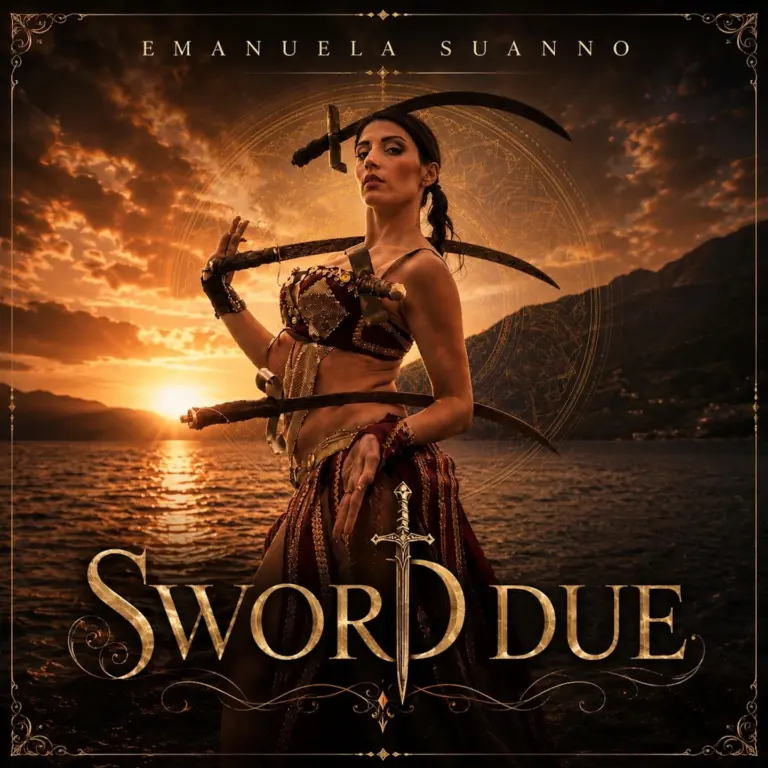 Copertina del singolo “Sword Due” di Emanuela Suanno, ritratta con spade in un’ambientazione fantasy al tramonto