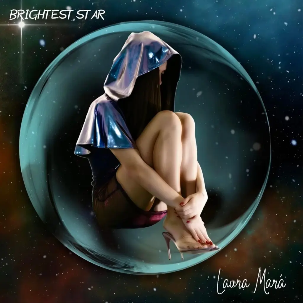 Copertina del brano “Brightest Star” di Laura Marà, seduta all’interno di una sfera in un’ambientazione spaziale