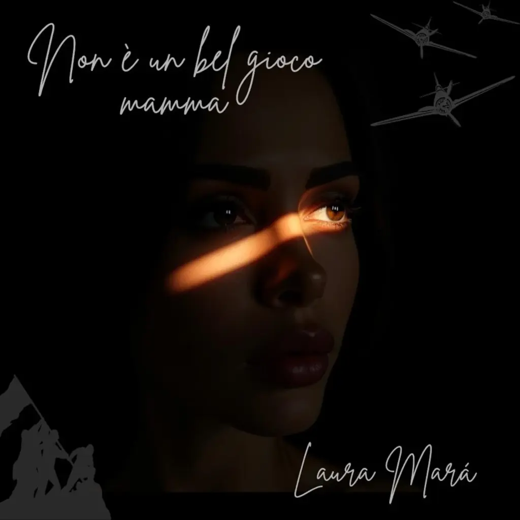 Copertina del brano “Non è un bel gioco mamma” di Laura Marà, con ritratto femminile illuminato e sagome di aerei