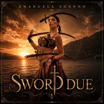 Copertina del singolo “Sword Due” di Emanuela Suanno, ritratta con spade in un’ambientazione fantasy al tramonto